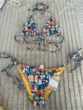 Jessica Simpson Blue Floral & Yellow Lined Triangle Bikini
